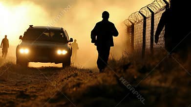 Fence vision: barbed enclosure, limit marker, no-passage trace, migration edge, restriction field, exile sign, perimeter tension,