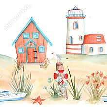 Lighthouse, beach hut, seagull, yacht toy, starfish watercolor seamless border isolated on white. Hand painted clipart