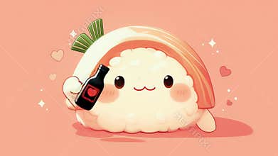 Kawaii sushi roll with blushing cheeks, waving a tiny soy sauce bottle, cute and playful style