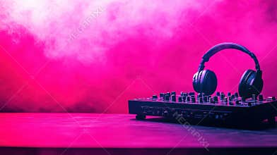 Neon Beats Headphones and Mixer Under a Hazy Pink Light - Music Production Vibes