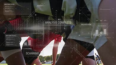 Group of male athletes crouching on track start line, displaying sports tech HUD data