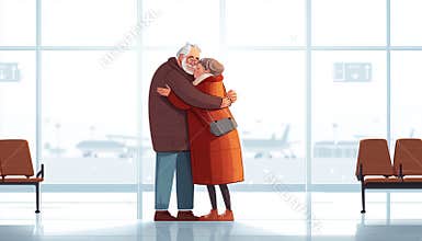 Elderly Parents Embrace Adult Son And Grandchild In Heartwarming Moment At Airport Waiting Hall