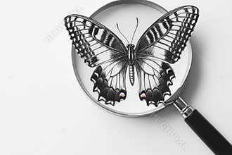 A detailed examination of a butterfly through a magnifying glass
