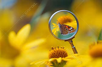 Entomology concept featuring a butterfly under a magnifying glass, for field study