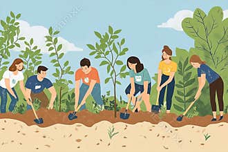 Six smiling volunteers actively participate in a tree planting initiative outdoors