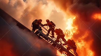 Brave firefighters ascend a ladder amidst a raging inferno, their courageous efforts battling the intense flames and