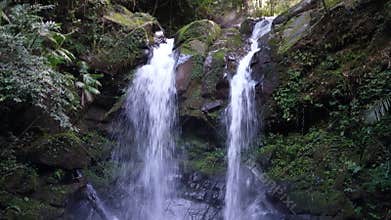 Twin Waterfalls in Lush Jungle and light rays