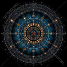 Close-up birds eye view of intricate, handcrafted compass rose or astrolabe design featuring concentric circles and