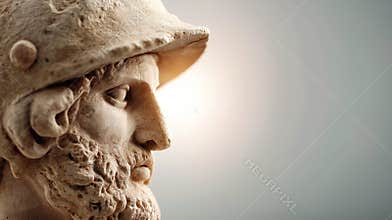 Marble bust portraying Pericles, Corinthian helmet gleaming, soft lighting revealing classical Greek sculptural detail