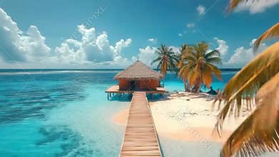 Tropical Bungalow surrounded by Palm Trees and Turquoise Waters, Top View