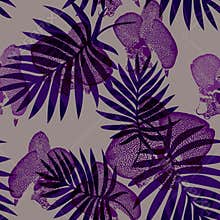 Exotic seamless pattern with violet flowers and tropical leaves.