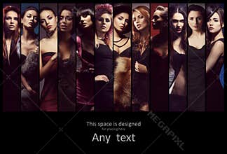 Fashionable collection of different women in retro dresses