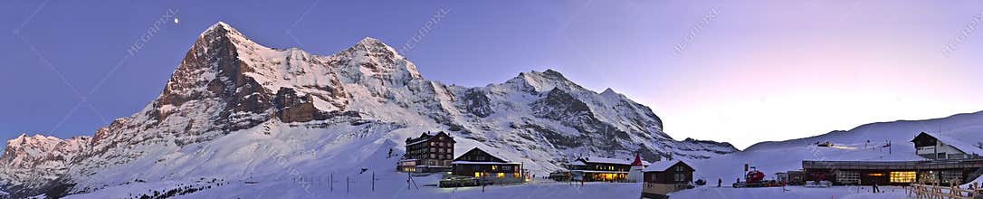 Panoramic sunset at Kleine Scheidegg. Switzerland Alps