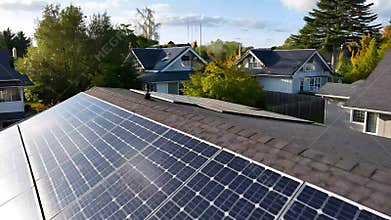 Residential Solar Energy- Large Modern Solar Panel Array Installed on Suburban House Roof