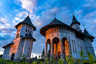 Hadambu Monastery in Iasi, Romania, is captured at sunset