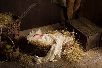 Baby doll in nativity scene