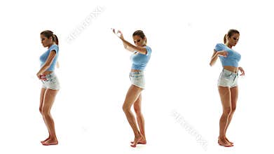 Beautiful woman in shorts and T-shirt dancing and listening music, collage set