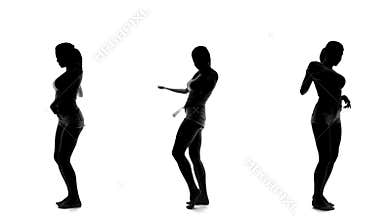 Silhouette of beautiful woman dancing and listening music, collage set