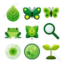 Flat Icon Set of Biology Class Items Including Leaf, Butterfly, Frog, Magnifying Glass, Cell Diagram, and Plant Seedling