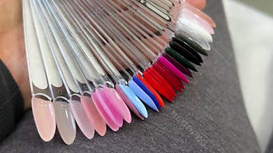 Gel nail polish color sample palette for manicure, professional nail salon shade collection with glossy finishes and
