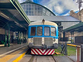 Front view of the Tren Universitario at the station in City of La Plata Argentina