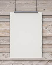 Mock up blank white hanging poster on horizontal wooden planks wall, background