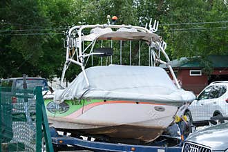 Motorboat On Trailer Parked At Riverside Recreation Area