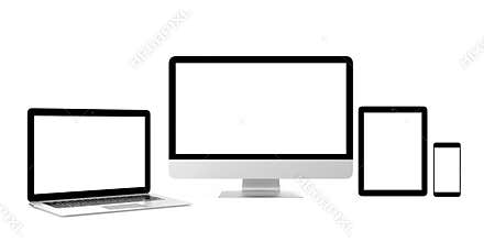 Smart phone, laptop, desktop computer with blank screen for copy space