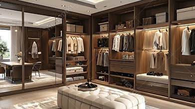 A spacious walk-in closet with organized clothing and accessories inside it