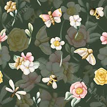 Cute Butterfly Bee Dragonfly Colourful Flowers Seamless Pattern. Watercolor summer floral illustration isolated on green