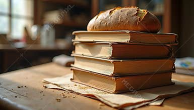Golden Loaf of Bread Stacked on Antique Books on a Traditional Desk