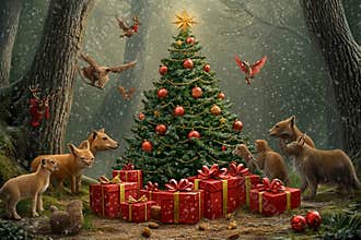 Magic of Christmas in a forest surrounded by joyful animals and gifts