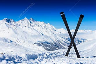 Pair of cross skis in snow