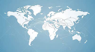 Minimalist world map outline with continents in white on teal background