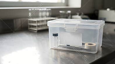 A clear plastic container holds a small vial fine tweezers and a roll of tape on a laboratory bench ready for scientific