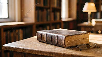 A leather-bound antique tome rests on a wooden desk next to reading glasses bathed in warm sunlight within a library setting