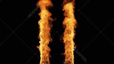 Vertical fire pillars burning against a black background. Four columns of intense orange flames rising steadily in a static shot.