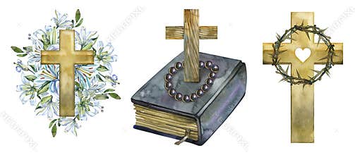 Hand drawn watercolor elements set of Christian religious symbols. The composition features a gold cross with white lilies, a