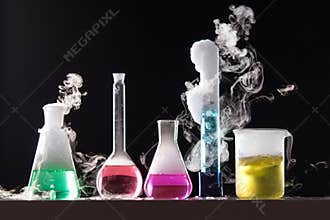 Glass in a chemical laboratory filled with colored liquid during