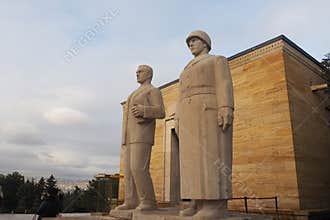 Ankara, 20 Dec 2018, Stone Statues of Soldier and Statesman Standing Guard at Monumental Mausoleum With Classic Architecture