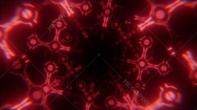 Seamless loop background with glowing red patterns creating dark tunnel with pulsating neon lights