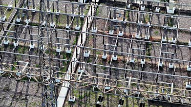 Aerial view of large electrical substation