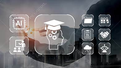 Innovative learning and technology integration concept with AI tools, education graphics, and business elements for