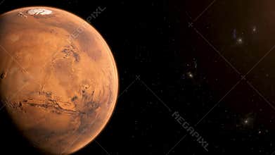 Realistic Mars from Orbit showing Red Textured Deserts and Ice Caps