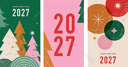 Colorful grunge Happy New Year 2027 greeting card collection with geometric Christmas trees and retro holiday ornaments.
