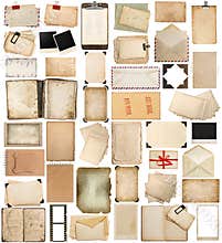 Aged paper, books, pages and old postcards isolated on white