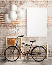 Mock up poster with bicycle and balloons in loft interior