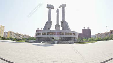 Walking to the Monument to Workers` Party of Korea Founding in Pyongyan. DPRK - North Korea. May 01, 2017. Time-lapse, UHD - 4K