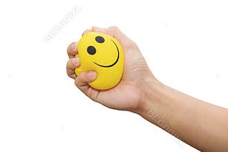 Hand squeeze yellow stress ball, isolated on white background, anger management, positive thinking concepts