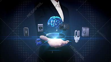 Businesswoman open palm, Artificial intelligence Brain technology connecting smart home devices, Internet of things.